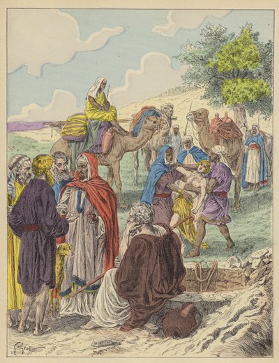 Josef solgt af sine brødre (farvelitografi) af French School