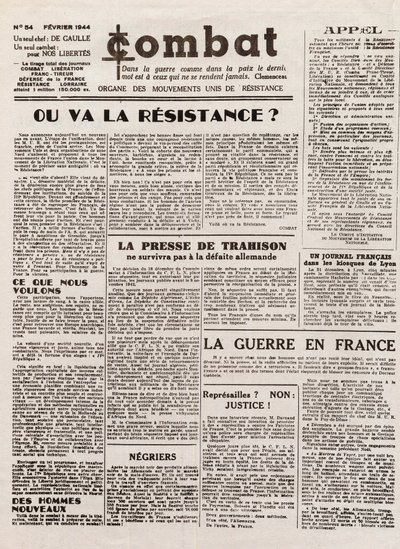 Journal COMBAT - nummer 54 - februar 1944 - organ for de forenede modstandsbevægelser. (hemmelig avis) - Hvor vil modstanden tage hen af French School