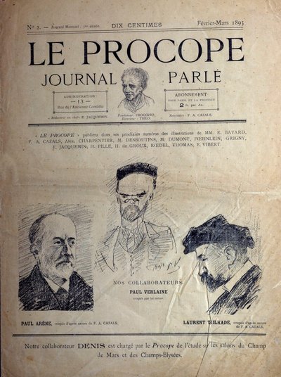 Journal du Proope, Parisisk cafe, februar 1895: portrætter af de franske digtere Paul Verlaine, Paul Arene og Laurent Tailhade. af French School