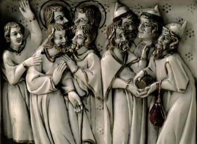 Judas modtager tredive stykker sølv, detalje af elfenbensdiptykon, fransk af French School
