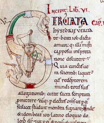 Jonglører og musikere - lettrine S (initial). Miniature fra manuskriptet "Moralia in Job", Morales sur Job af Saint Gregoire, fra klosteret i Citeaux. af French School