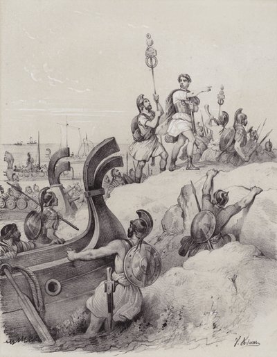 Julius Cæsar og romerne lander i Kent i deres første invasion af Storbritannien, 55 f.Kr. (litho) af French School