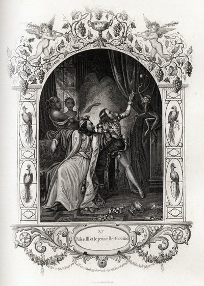 Julius III (julius eller Iulius eller Giulio) (pave fra 1550 til 1555) og den unge Bertuccino, abeshowet. Gravering til illustration af Histoire des popes af Maurice Lachatre (1814-1900), librairie du progres, Paris. af French School