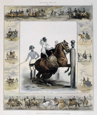 Springning i "Malerisk historie om gammel og moderne ridning" af Charles Aubry af French School