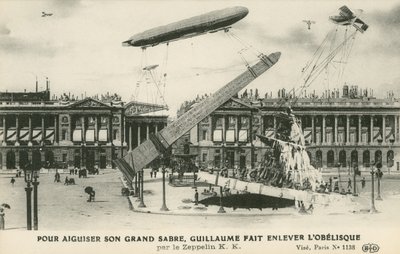 Kaiser Wilhelm II forestillede sig at fjerne obelisken fra Paris af Zeppelin (litho) af French School