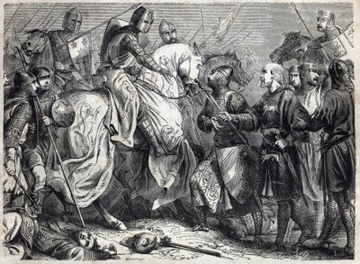 Kong Alfonso V den Storsindede (v. 1396-1458), konge af Aragon, erobrer kongeriget Napoli. Indgravering i "" Pavernes historie (...) Dronningekongens og kejsernes forbrydelser gennem århundrederne" af Maurice Lachatre af French School