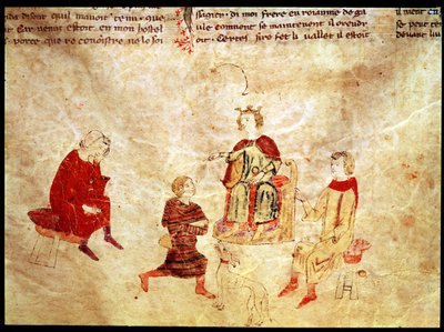 Kong Arthur på sin trone omgivet af sine rådgivere, fra Roman de Meliadus af French School