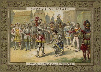 Kong Charles I af Frankrig blev slået til ridder af Chevalier de Bayard efter slaget ved Marignano, 1515 af French School