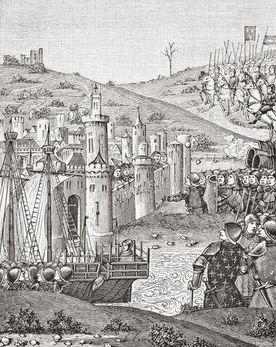 Kong Charles VII, efter at have forladt Rouen, drager ud for at belejre byen Harfleur, efter en miniature fra det 15. århundredes manuskript Chroniques de Monstrelet, fra Science and Literature in The Middle Ages af Paul Lacroix pub. London 1878 af French School