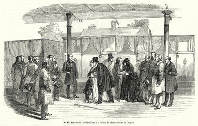 Kong Louis-Philippe af Frankrig ankommer til Croydon banegård efter at være blevet tvunget i eksil, februar 1848 (gravering) af French School