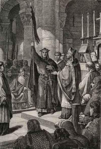 Kong Ludvig VII (1120-1180) tager oriflamen ved basilikaen Saint Denis (Saint Denis) i nærværelse af dronning Alienor af Aquitaine og modtager humlebien og pannetieren af pelerin fra hænderne på pave Eugene III (? -1153) før hans afgang af French School
