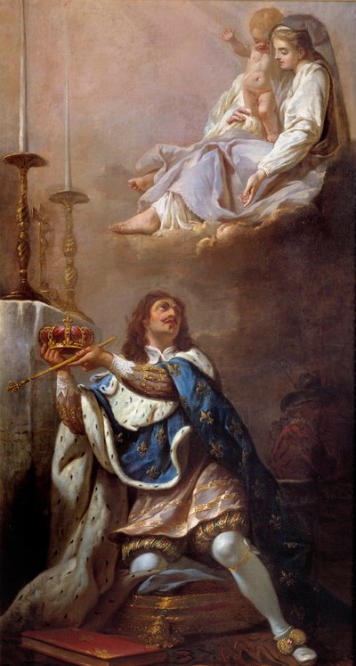 Kong Ludvig XIII tilbyder sin krone til den franske skoles jomfrumaleri. Versailles fra det 17. århundrede. Vor Frue af Versailles kirke af French School