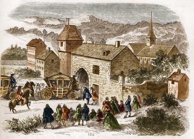 Kong Ludvig XIV (1638-1715) på besøg i Melle de Fontanges (1661-1681) ved Port Royal omkring 1680. Indstik i "Prostitutionens og udskejelsens historie blandt alle verdens folkeslag fra oldtiden til i dag" af Dr. Th. . -F. Debray. 1879. af French School