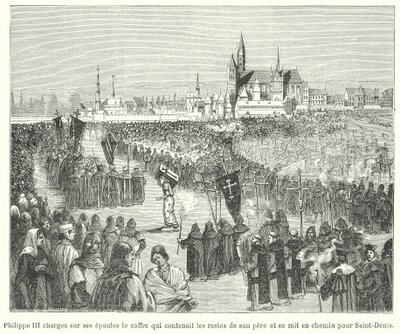 Kong Philip III af Frankrig bærer knoglerne af sin far, Ludvig IX, til sin begravelse i Basilica of St Denis, Paris af French School