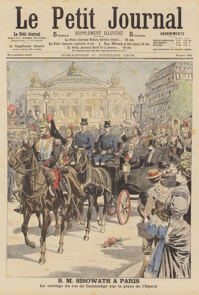 Kong Sisowath af Cambodja på besøg i Paris (farvelitografi) af French School