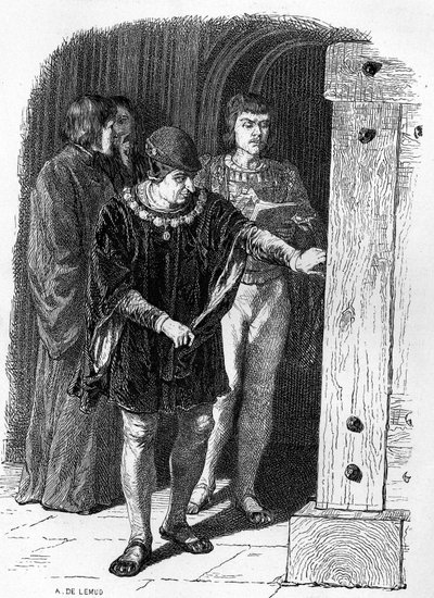 Konge af Frankrig Ludvig XI på besøg i bastillens bure. Indgravering i "" Notre Dame de Paris"" af Victor Hugo af French School