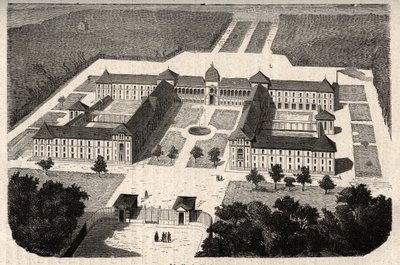 The Imperial Asylum of Vesinet (nuværende Hospital of Vesinet) i Yvelines - indgravering i "" PATILE"" - PECTURERISK BESKRIVELSE AF FRANKRIG I 6 BIND AF LUCIEN HUARD - slutningen af ​​1800-tallet af French School