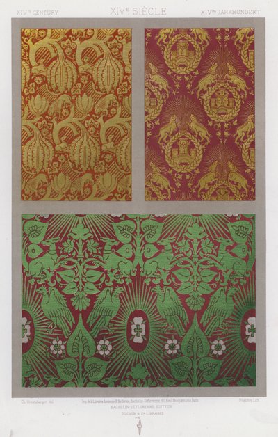 The Ornament of Fabrics: XIVth Century, XIVe Siecle, XIVtes Jahrhundert (color litho) af French School