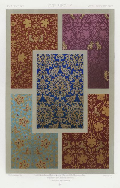 Udsmykningen af ​​stoffer: XVIth Century, XVIe Siecle, XVItes Jahrhundert (farve litho) af French School