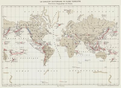 Jordens underjordiske varme, Vulkaners geografiske fordeling (farvelitografi) af French School