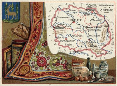 La Creuse (23), Le Limousin, Frankrig. Kastanjer, kartofler og igler. Serie om de franske departementer. Chromolithography (Chromo) "" den geografiske tråd"", ca. 1920. Privat samling. af French School