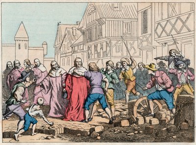 La Fronde (27. august 1648) - barrikader i Paris: en rotordreng, der truer parlamentets præsident, Mathieu Mole (1584-1656) - Præsident Mole mandskabt af oprørere - Indgravering af slutningen af det 19. århundrede i "" Nos Gires Nationales - Billeder og re af French School