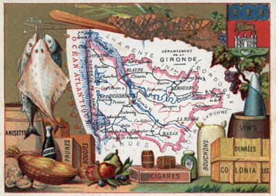 La Gironde (33), Aquitaine, Frankrig. Lokal specialitet: fisk, anisette, Bordeaux-vin, blommer, stearinlys, cigarer, propper og kolonial mad. Serie om de franske departementer. Chromolithography (Chromo) "" den geografiske tråd"", ca. 1920. Privat samling. af French School