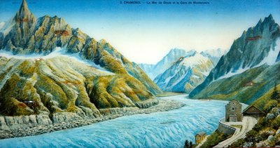 La Mer du Glace, Aiguille du Dru og Montanvers Station, ca. 1900 (farvet foto) af French School