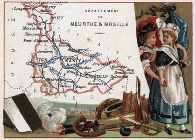 La Meurthe et Moselle (Meurthe-Et-Moselle, 54), Lorraine, Frankrig. Portræt af to revolutionære kvinder. Serie om de franske departementer. Chromolithography (Chromo) "" den geografiske tråd"", ca. 1920. Privat samling. af French School