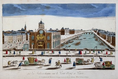 La Samaritaine (vandpumpe) på Pont Neuf i Paris - optisk visning af French School