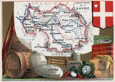 La Savoie (73), Rhone Alpes (Rhône-Alpes), Frankrig. Serie om de franske departementer. Lokal specialitet: valnøddeolie, vin, korn, kirschwasser (kirsch), ost, kammergaze og læder. Chromolithography (Chromo) "" den geografiske tråd"", omkring 1920. P af French School