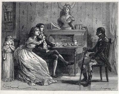 La Terreur under den franske revolution: Camille Desmoulins (1760-1794), fængslet, fik besøg af sin kone Lucile (1770-1794) og marechal Guillaume Brune (1763-1815) af French School