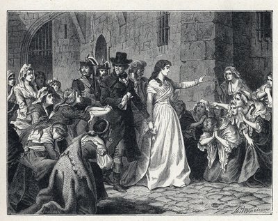 La Terreur under den franske revolution: Madame Jeanne Marie Roland de la Platiere (1754-1793) forlader concierge-fængslet for at gå for den revolutionære domstol i 1793. Hans codetenues knæler på hans vej. af French School