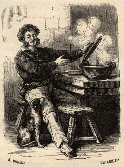 Marseillais-sømandens bouillabaisse i det 19. århundrede - - indgravering i "" PATRIE" - PACUREQUIRESSE BESKRIVELSE AF FRANKRIG I 6 BIND AF LUCIEN HUARD - slutningen af ​​1800-tallet af French School