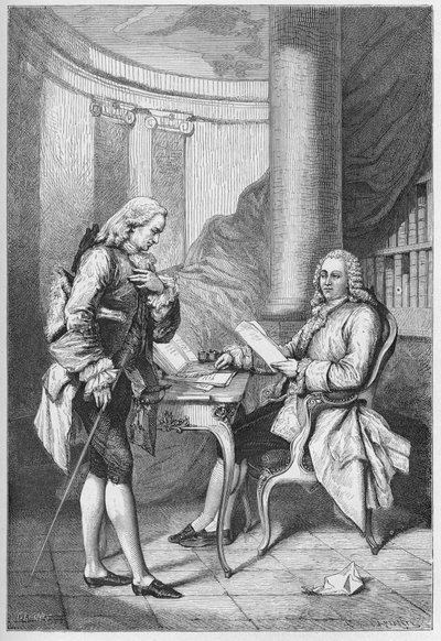 La demission de Turgot 1776 - Ludvig XVI (1754-1793), konge af Frankrig, og Anne Robert Jacques Turgot (1727-1781) - Turgots afskedigelse - gravering fra "" L