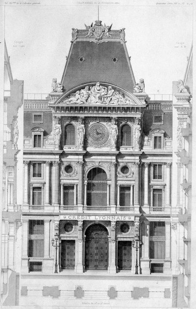 Facaden på Crédit Lyonnais, bd des Italians - gravering, 20. århundrede af French School
