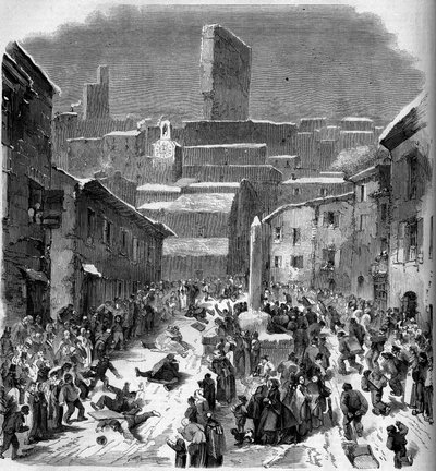 Rutsjebanen i barriots (slædekørsel) i Bourdeaux, Drome (26), vinter 1860. Indgravering i “” Le Monde Illustré”” nr. 149 af 18. februar 1860. af French School