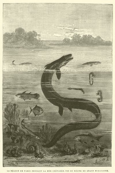 Regionen Paris under Kridthavet, slutningen af ​​den store mosasaurs regeringstid (gravering) af French School