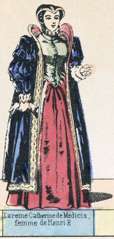 La reine Catherine de Medicis, femme de Henri 2 (farvet gravering) af French School