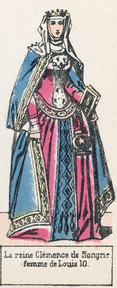 Dronning Clemence af Ungarn, kone til Louis 10 (farvet gravering) af French School