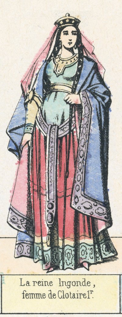 Dronning Ingonde, hustru til Clotaire 1r (farvet gravering) af French School