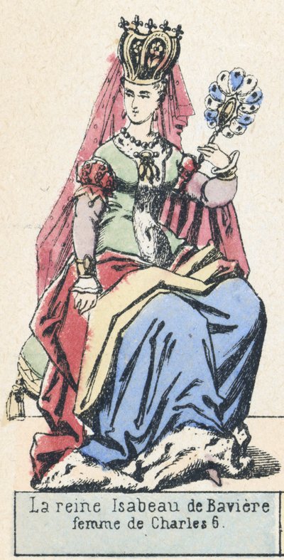 Dronning Isabeau af Bayern, kone til Charles 6 (farvet gravering) af French School