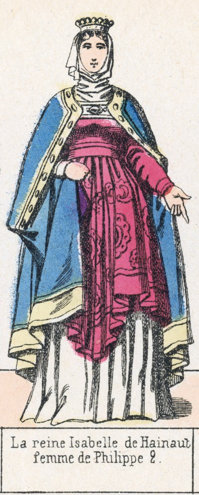 Dronning Isabelle af Hainaut, hustru til Philippe 2 (farvet gravering) af French School