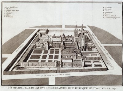 Abbey of Saint Germain før 1640 - i ""History of the Abbey of Saint Germain des Pres"" af Dom Jacques Bouillart, red. Dupuis, Paris af French School