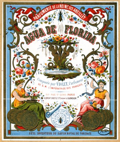 Etiketannoncering Aqua de Florida-parfume fra parfumebutikken La Reine des Abeilles, Paris, 2. halvdel af 1800-tallet af French School