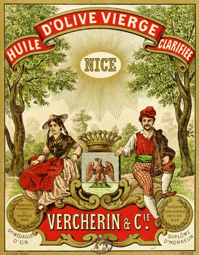 Etiket til Vercherin Extra Virgin Olive Oil, ca. 1885-90 af French School