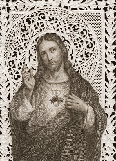 Blondekort, der viser Jesu hellige hjerte, 1800-tallet (bw litho) af French School
