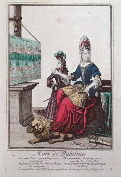 Dame viser et billede af Semiramis og Babylons hængende haver (farve litho) af French School