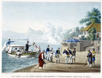 Landing ved den portugisiske bosættelse Dilé, øen Timor. af French School