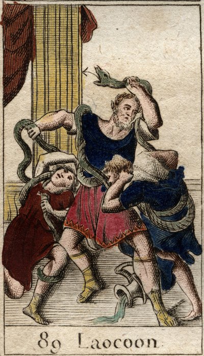 Laocoon Minerve, der støtter grækerne, sender havslangerne for at angribe Laocoon, som advarer indbyggerne i byen Troja mod hesten. Slanger kastede sig over hans to sønner og flyttede dem og angreb derefter Laokoon. (Minerva støtter grækerne sendte af French School